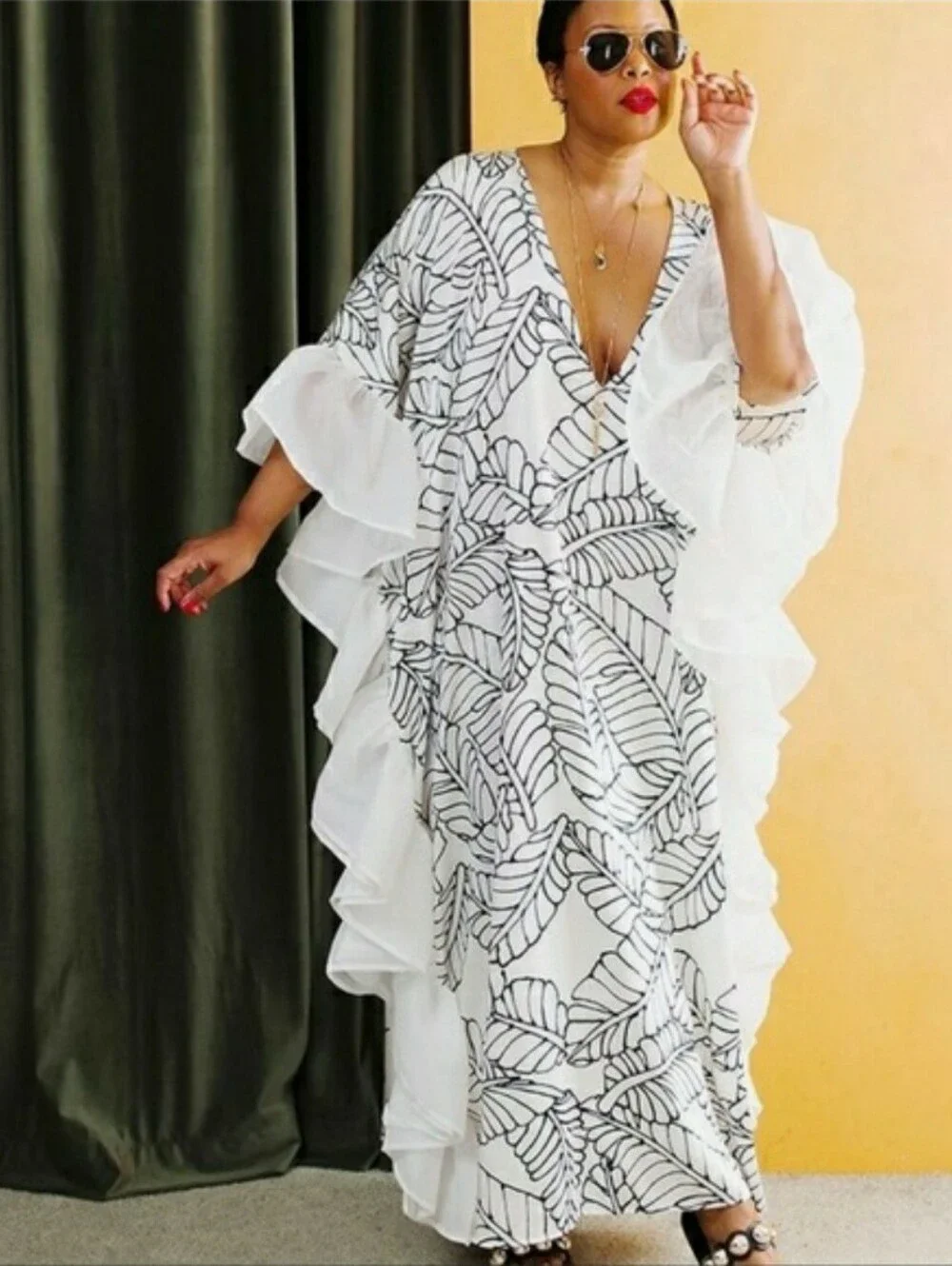 Fe Noel Leaf-Print Ruffle Swimsuit Cover Up Size 3X - Picture 1 of 8